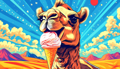 Pop art style poster of a camel in the hot desert enjoying an ice cream cone