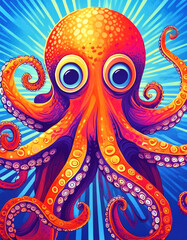 Pop art portrait of an orange wide eyed octopus