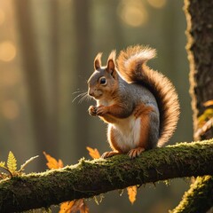 Obraz premium Majestic Squirrel in Autumn Forest Cinematic Golden Hour Shot