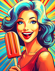 Pop art portrait with bright colors of a woman smiling and holding a popsicle