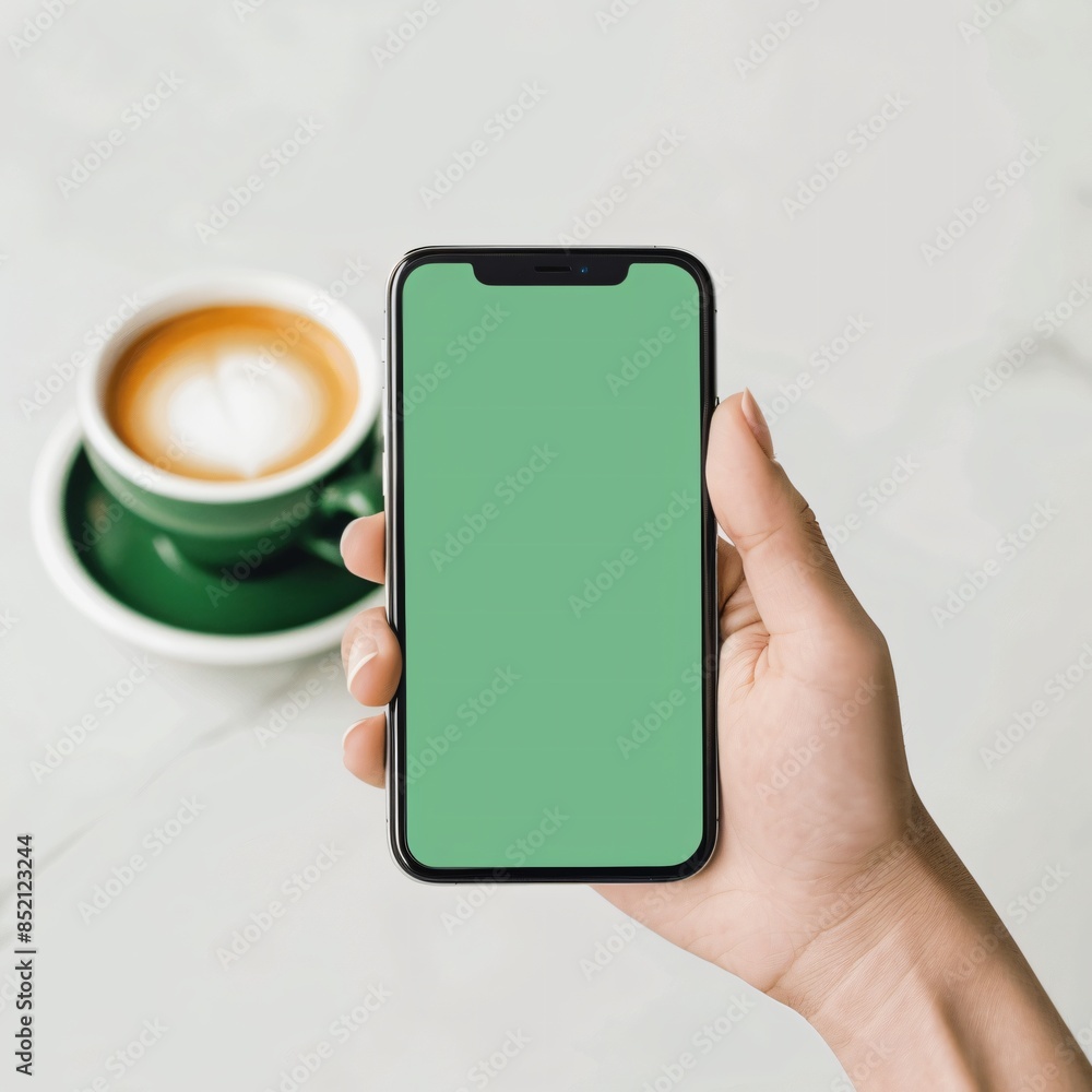 Poster mock up smartphone with blank green screen held in hand, casual workspace setting. relaxation and pr