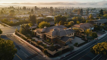 Bird's eye view over a suburban landscape at dawn, highlighting a Craftsman style house in sandy beige, the surrounding streets empty and enveloped in morning calm.