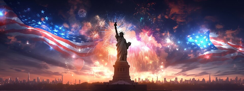 American symbol Statue of Liberty on the background of flag usa and fireworks. Democracy and freedom. 4th of July, Memorial, Labour, Independence Day. Patriotic background for greeting card, banner - Powered by Adobe