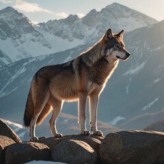 Winter Majesty Lone Wolf on Rocky Outcrop in Dramatic Backlight
