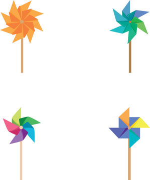 Four pinwheel designs with vibrant, multicolor segments on a clean background