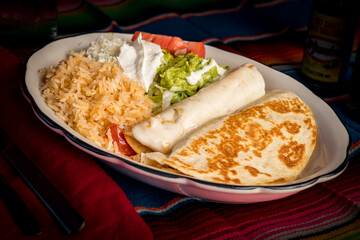 Quesadilla with flauta and rice