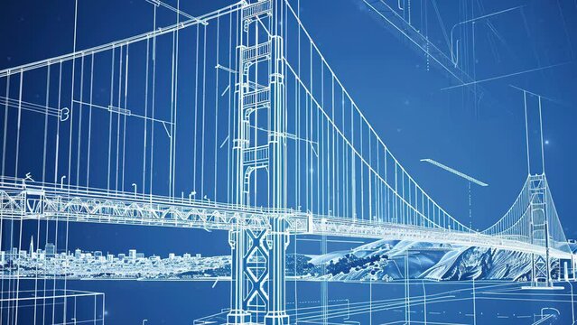 3D blueprint of the San Francisco bridge. Design for bridge construction in the style of a 3D rendering. 4K Videos
