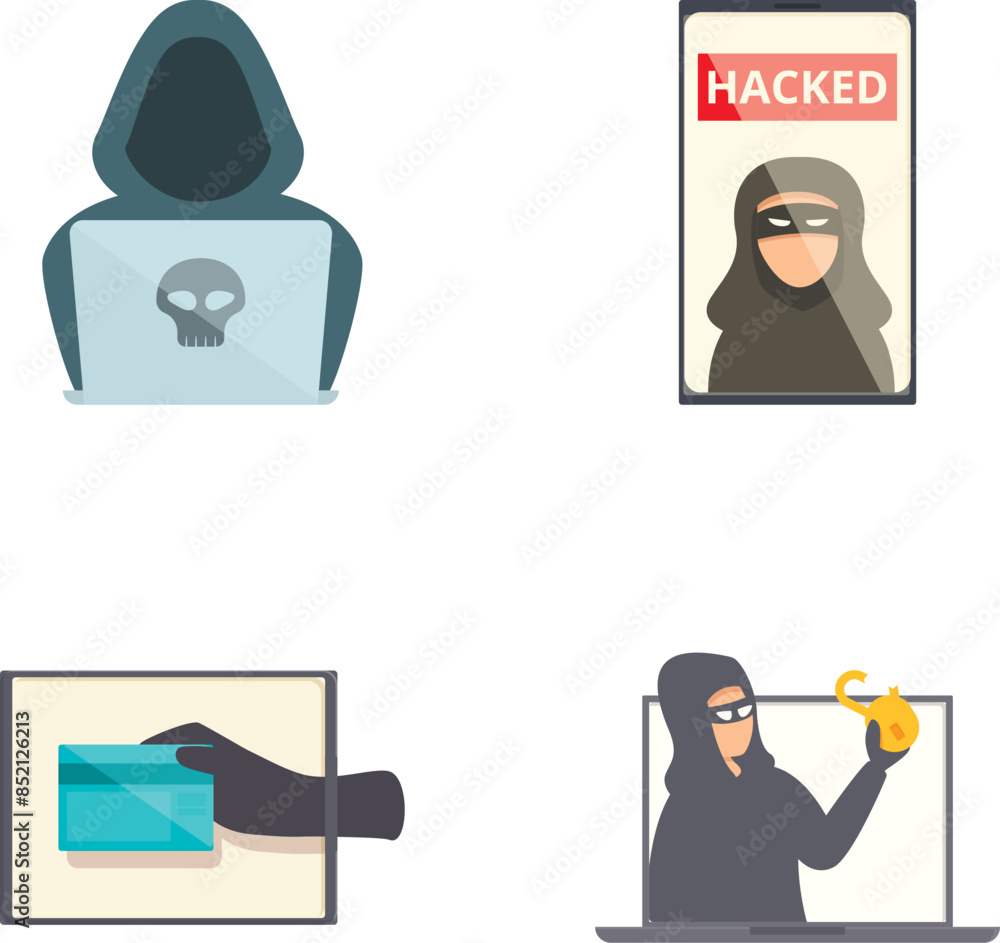 Aufkleber set of cybersecurity threat icons featuring hacking. hacker. computer security. internet safety. dig