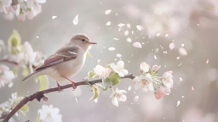 Singing Songbird on Blossoming Branch Amid Falling Petals in Romantic Spring Garden Scene