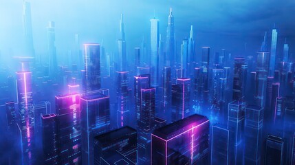 Futuristic Blue Holographic Cityscape. A futuristic city in holographic blue tones, emphasizing modern architecture and technology themes.