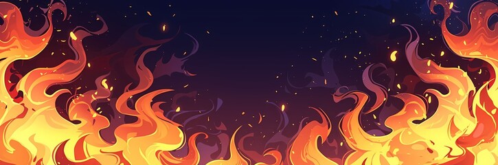 Fire cartoon frame on dark background. Burning flame in darkness with bright red and yellow heat. Energy power element, bright and blazing, glare and explosion. Design template with copy space
