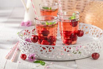 Cold and cool lemonade with mint and sweet cherries.