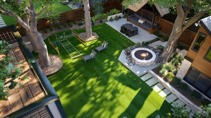 Overhead perspective of a suburban backyard designed for family activities, featuring a large artificial grass play area, a treehouse, and a seating area with a fire pit for evening gatherings.