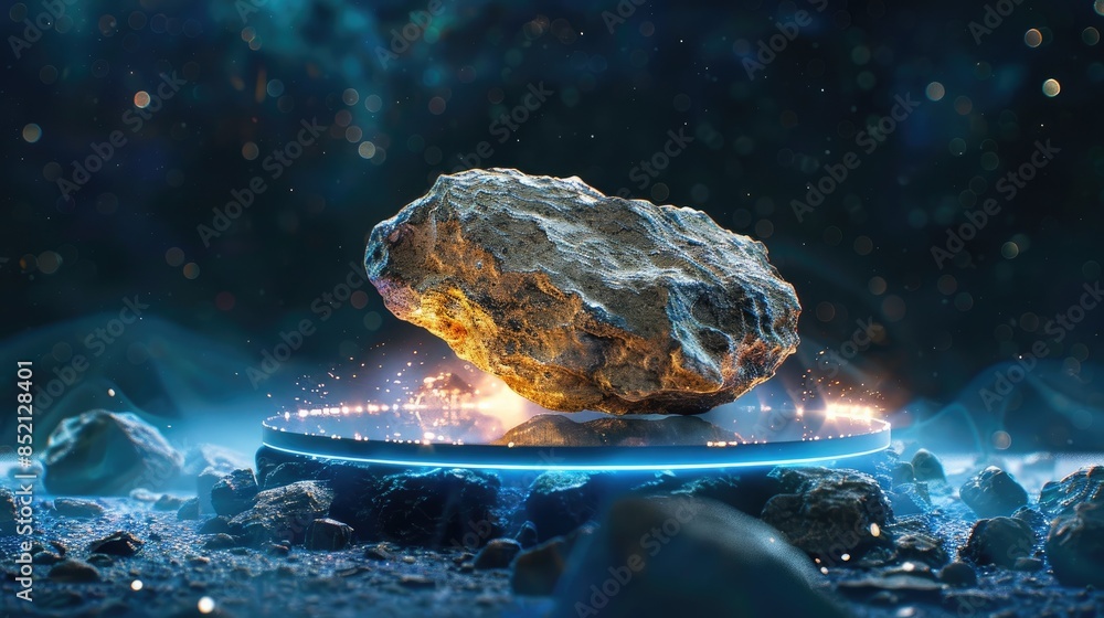 Poster capturing the essence of an asteroid perched on a glowing see through platform using natural stones 