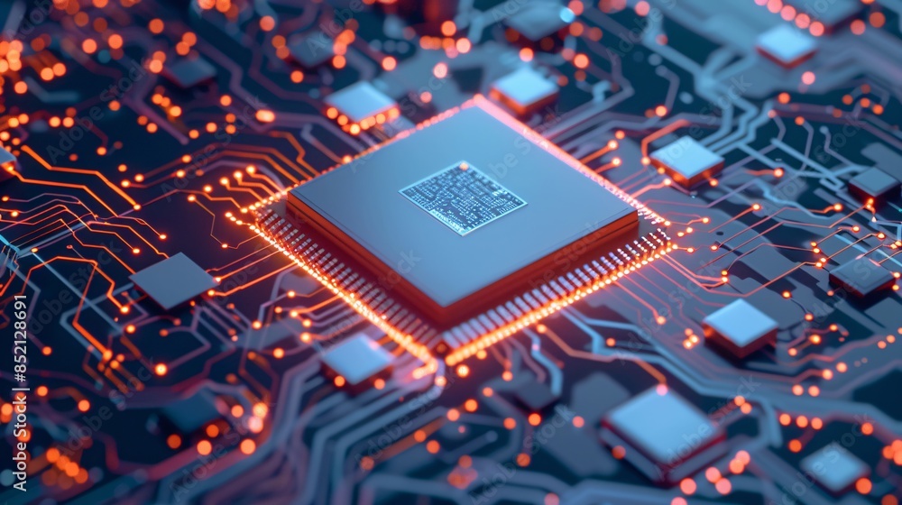Poster close-up of a computer chip with glowing circuits