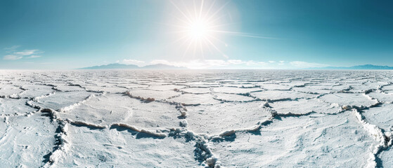 A vast, cracked expanse of white salt flats stretches out under a brilliant blue sky, with a bright sun shining above.