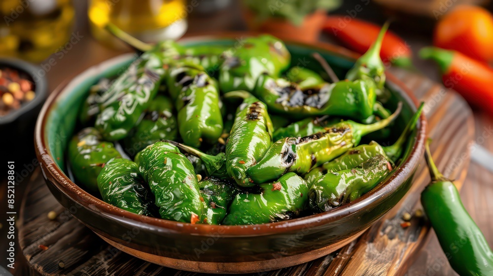 Wall mural fresh padron peppers perfect for grilling or frying in olive oil a traditional galician snack. gener