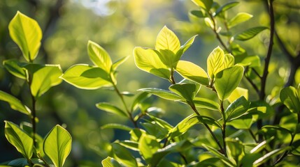 Obraz premium Fresh foliage of a shrub on a sunny spring afternoon near the roadside