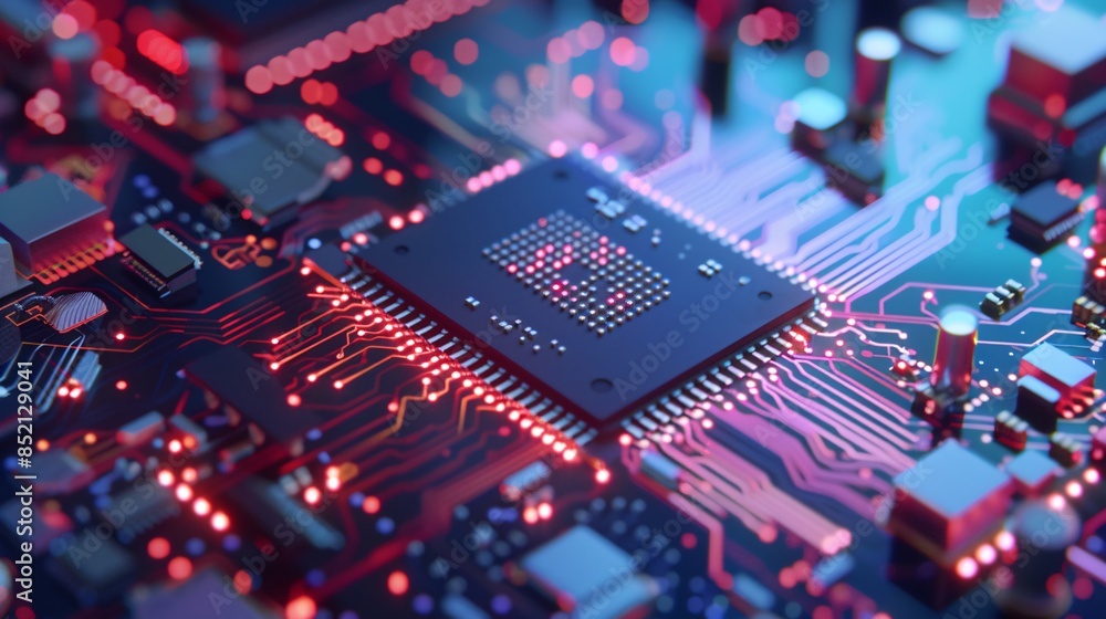 Poster closeup of a glowing circuit board with a processor