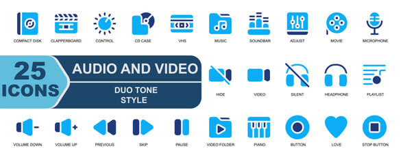 video and audio icon collection.duotone style.solid icons.contains FOLDER,MUSIC,SOUNDBAR,ADJUST,PERSONALIZATION,MOVIE ROLLER,FILM,MIC,AUDIO,PLAYLIST,SONG,MUSIC,HEADPHONE.