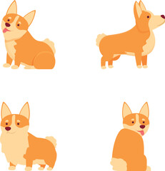 Set of cheerful cartoon corgi dogs illustrated in various poses and emotions