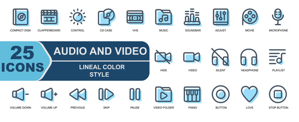 25 audio video icons.lineal style color.filled line.contains UP,DOWN,DECREASE,ADD,PREVIOUS,NEXT,SKIP,PAUSE,VIDEO FOLDER,STORAGE,PIANO.