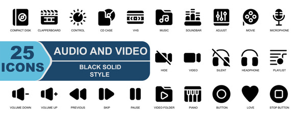 illustration video audio vector collection.black solid style.contains SILENT,VIDEO,HIDE,SPEAKER,VOLUME,UP,DOWN,DECREASE,ADD,PREVIOUS,NEXT,SKIP. 