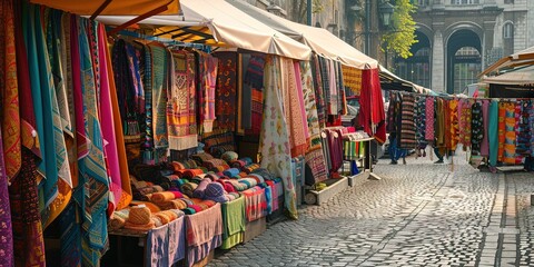 Obraz premium stall with coloured fabrics at an arts and crafts market in a city centre