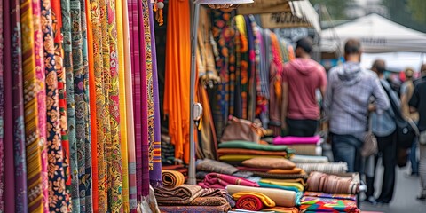 stall with coloured fabrics at an arts and crafts market in a city centre