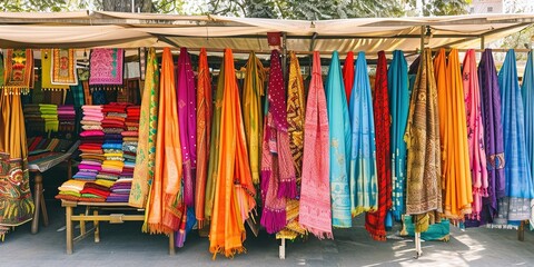 stall with coloured fabrics at an arts and crafts market in a city centre