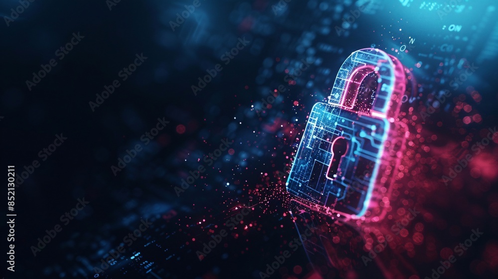 Poster cybersecurity concept: digital lock with circuitry