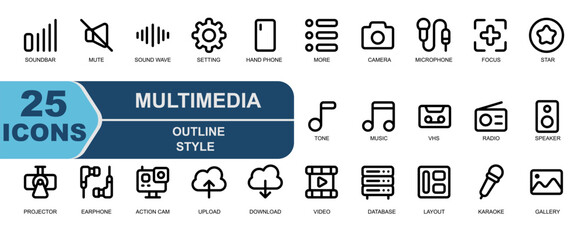 multimedia icon set.style outline.contains VOLUME,SOUNDBAR,SPEAKER,QUIET,MUTE,SOUND WAVE,SETTING,GEAR,HANDPHONE.
