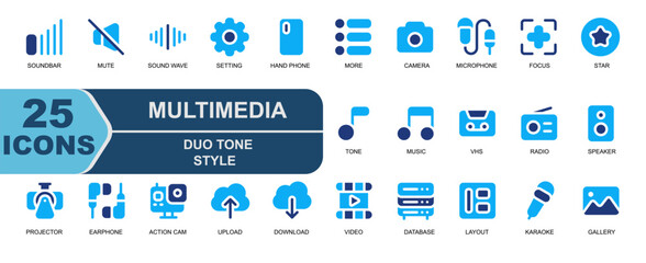 multimedia icon collection.style duotone.contains FOCUS,STAR,FAVORITE,TONE,MUSIC,SONG,VHS,CASSETTE,RADIO,NEWS,SPEAKER,PROJECTOR.