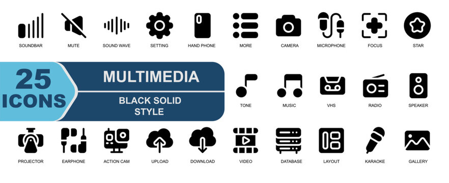 25 icon set multi media.solid black style.contains SETTING,GEAR,HANDPHONE,SMARTPHONE,MORE,SETTINGS,CAMERA,LAVALIER,FOCUS.
