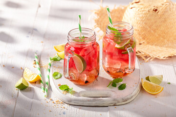 Homemade and fresh lemonade made of watermelons and lime.
