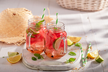 Cold and tasty lemonade with mint leaves and watermelon.