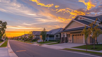 The calm of dawn over a Craftsman style house in sandy beige, suburban streets running parallel, suburban silence profound, all under the gentle morning light.