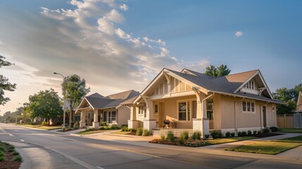 The early morning light softly touching a sandy beige Craftsman style house, with the suburban streets around it empty and peaceful.