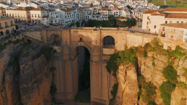 Aerial view of the Ronda medieval town at sunset, Andalusia, Spain
