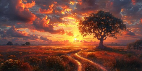 A lone tree in a field of flowers during a breathtaking sunset, radiating golden light - Powered by Adobe