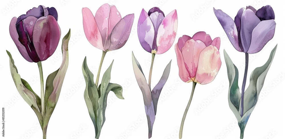 Wall mural Stock illustration shows beautiful watercolor tulip flowers in a spring floral set. - Wall murals
