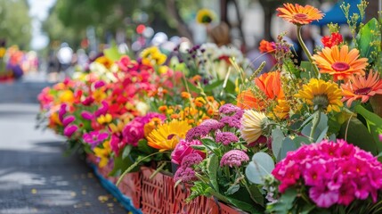 Colorful flowers are displayed on the street for the Corpus Christi parade