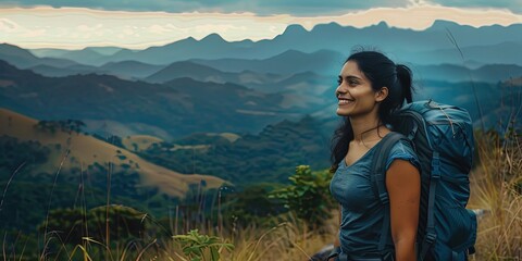 Naklejka premium A 30-year-old Brazilian woman, happy face, looking at the landscape, hiking in the natural forest