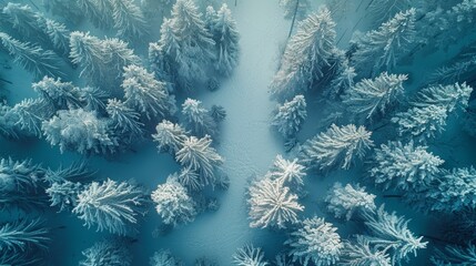 A misty pine forest from above, covered in a light layer of frost, creating a winter wonderland effect