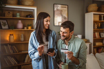 Boyfriend and girlfriend buy online on cellphone with credit card