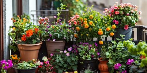 A lush balcony garden filled with colorful flowers, herbs, and small potted plants.
