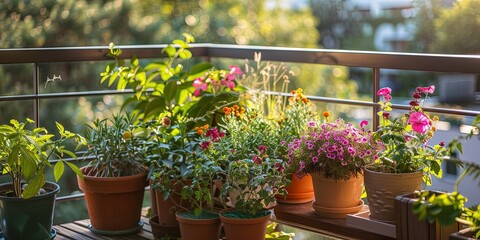 A lush balcony garden filled with colorful flowers, herbs, and small potted plants.