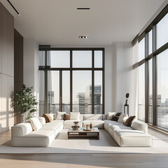 Fototapeta premium Modern living room, minimalist design, white and grey color palette, sleek furniture, large windows, photorealistic style, natural daylight, urban apart