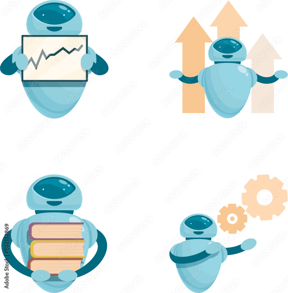 Poster collection of four friendly robots performing various tasks, perfect for technology themes