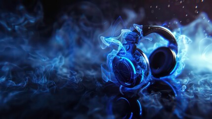 Floating headphones in a mystical smoke ambiance evoke a fusion of music and technology.